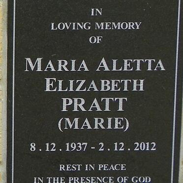 PRATT Maria Aletta Elizabeth 1937-2012