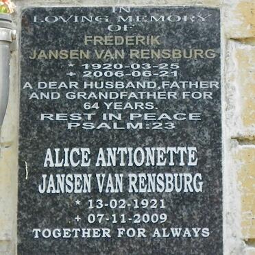 RENSBURG Frederik, Jansen van 1920-2006 &amp; Alice Antionette 1921-2009