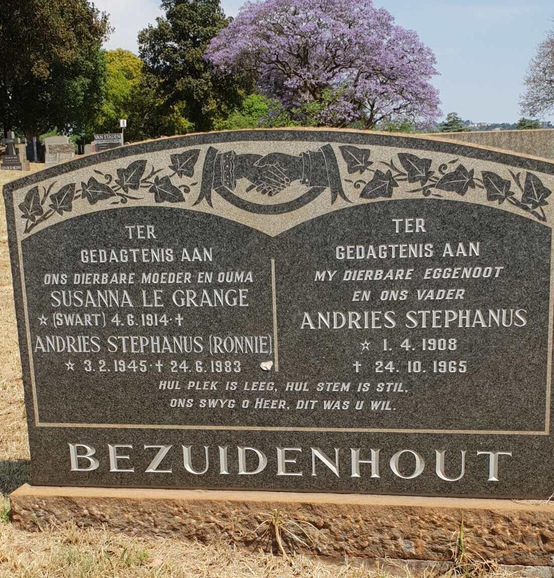 BEZUIDENHOUT Andries Stephanus 1908-1965 &amp; Susanna LE GRANGE nee SWART 1914-  :: BEZUIDENHOUT Andries Stephanus 1945-1983