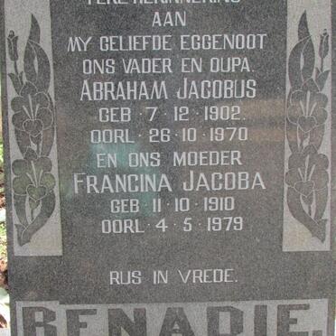 BENADIE Abraham Jacobus 1902-1970 &amp; Francina Jacoba 1910-1979