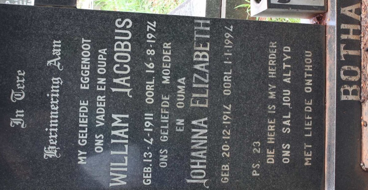 BOTHA William Jacobus 1911-1974 &amp; Johanna Elizabeth 1914-1994