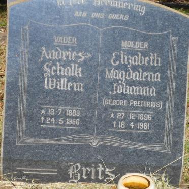 BRITS Andries Schalk Willem 1889-1956 &amp; Elizabeth Magdalena Johanna PRETORIUS 1896-1961