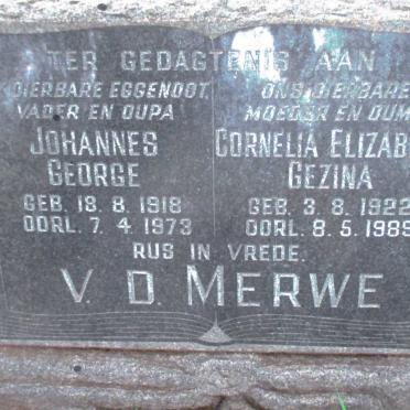 MERWE Johannes George, v.d. 1918-1973 &amp; Cornelia Elizabeth Gezina 1922-1989