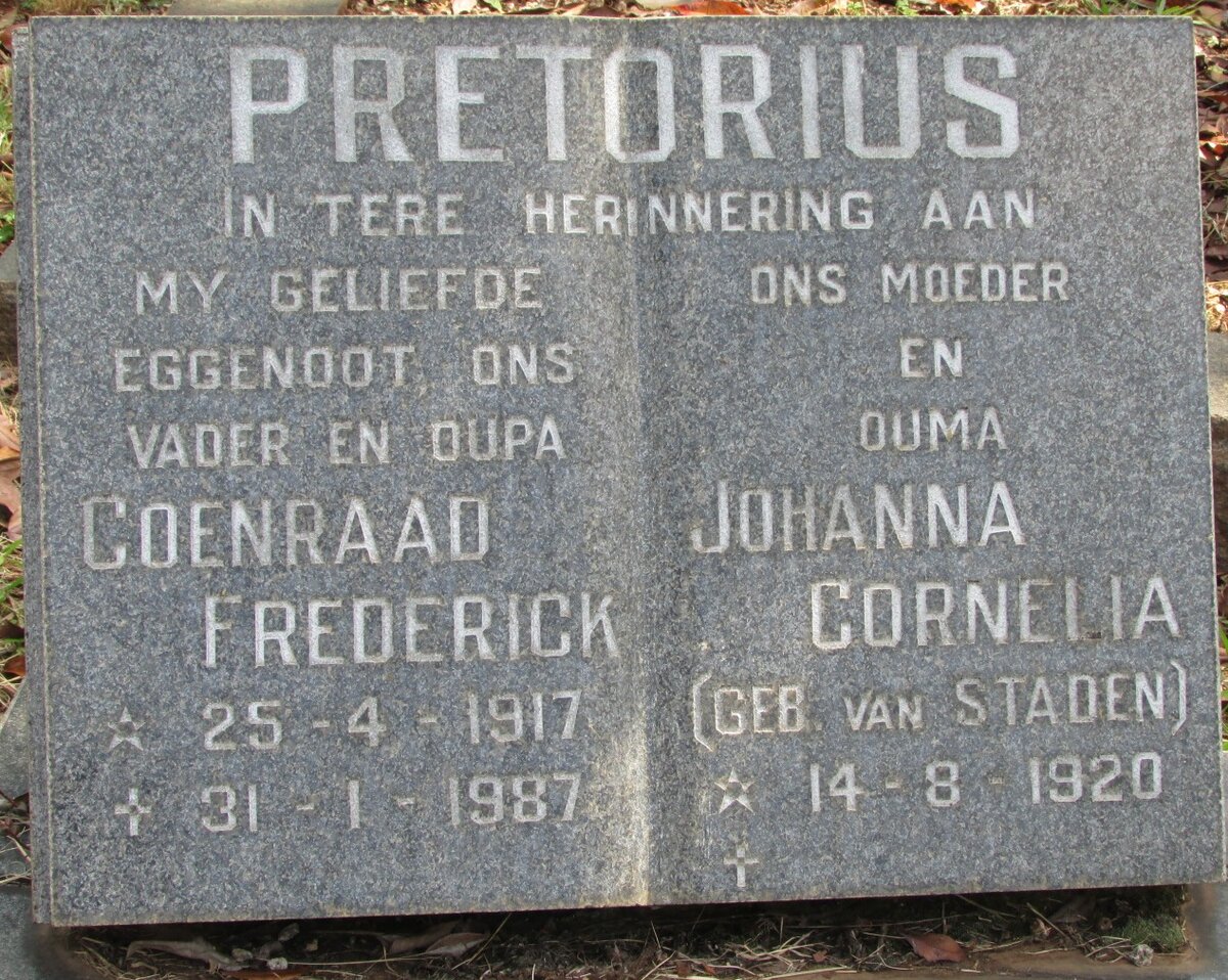 PRETORIUS Coenraad Frederick 1917-1987 &amp; Johanna Cornelia VAN STADEN 1920-