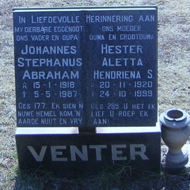 VENTER Johannes Stephanus Abraham 1918-1987 &amp; Hester Aletta Hendriena S. 1920-1999