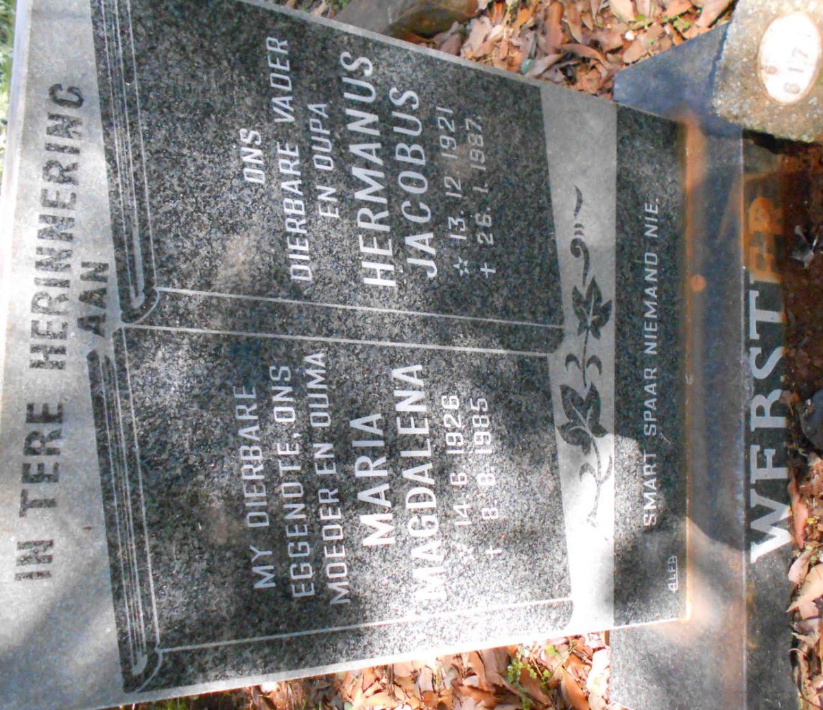 WEBSTER Hermanus Jacobus 1921-1987 &amp; Maria Magdalena 1926-1985