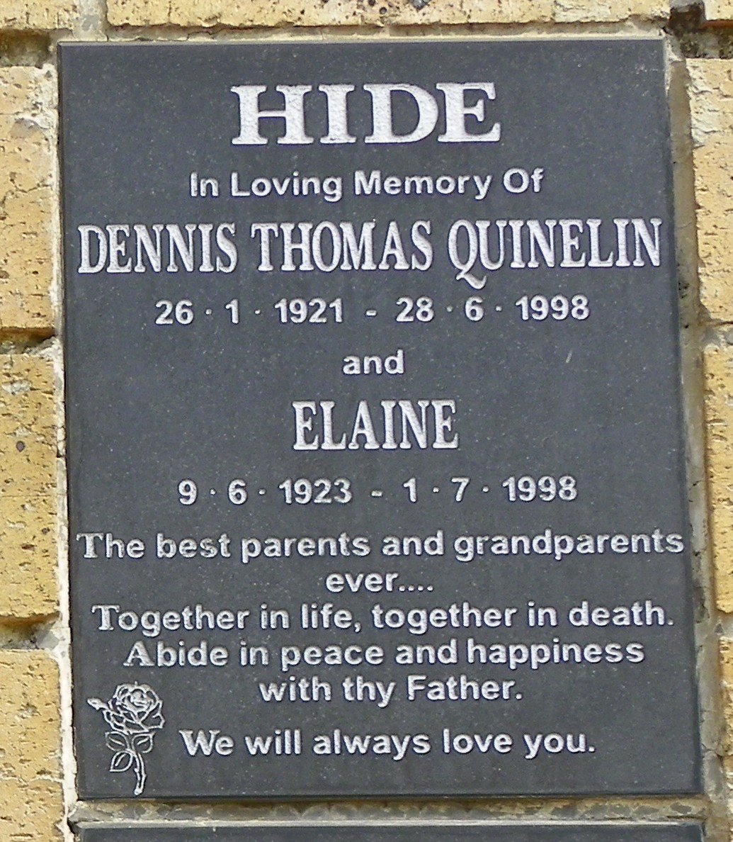 HIDE Dennis Thomas Quinelin 1921-1998 &amp; Elaine 1923-1998