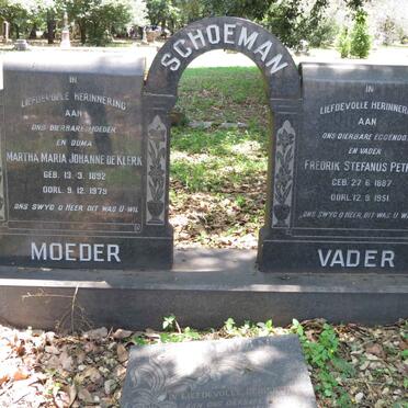 SCHOEMAN Fredrik Stephanus Petrus 1887-1951 &amp; Martha Maria Johanne DE KLERK 1892-1979