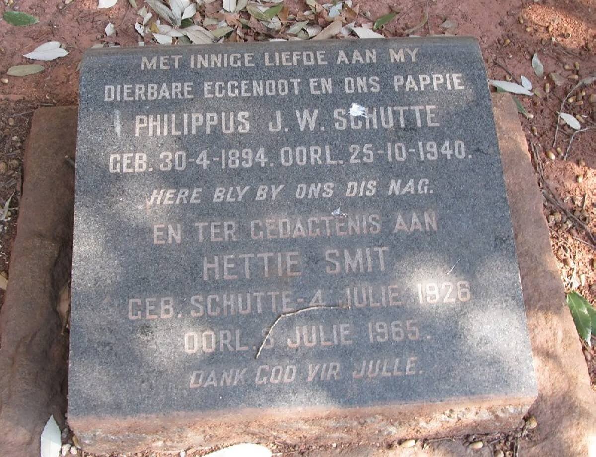 SCHUTTE Philippus J.W. 1894-1940 :: SMIT Hettie nee SCHUTTE 1926-1965