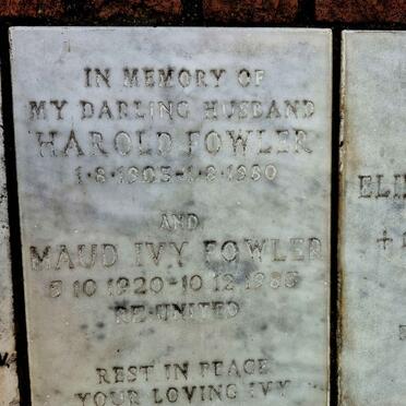 FOWLER Harold 1905-1980 & Maud Ivy 1920-1985