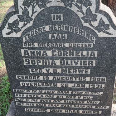 OLIVIER Anna Cornelia Sophia nee V.D. MERWE 1906-1931