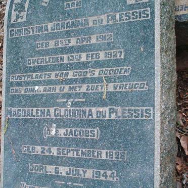 PLESSIS Magdalena Gloudina, du nee JACOBS 1888-1944 :: DU PLESSIS Christina Johanna 1912-1927