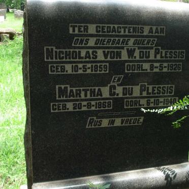 PLESSIS Nicholas von W., du 1859-1926 &amp; Martha C. 1868-1940