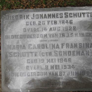 SCHUTTE Diedrik Johannes 1846-1922 &amp; Maria Carolina Fransina SCHOEMAN 1846-1934