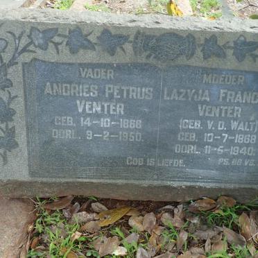 VENTER Andries Petrus 1868-1950 &amp; Lazyja Francina V.D. WALT 1868-1940
