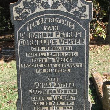 VENTER Abraham Petrus Cornelius 1871-1936 &amp; Anna Katrina Jacomina V.D. WALT 1869-1944