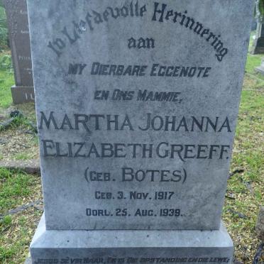 GREEFF Martha Johanna Elizabeth nee BOTES 1917-1939