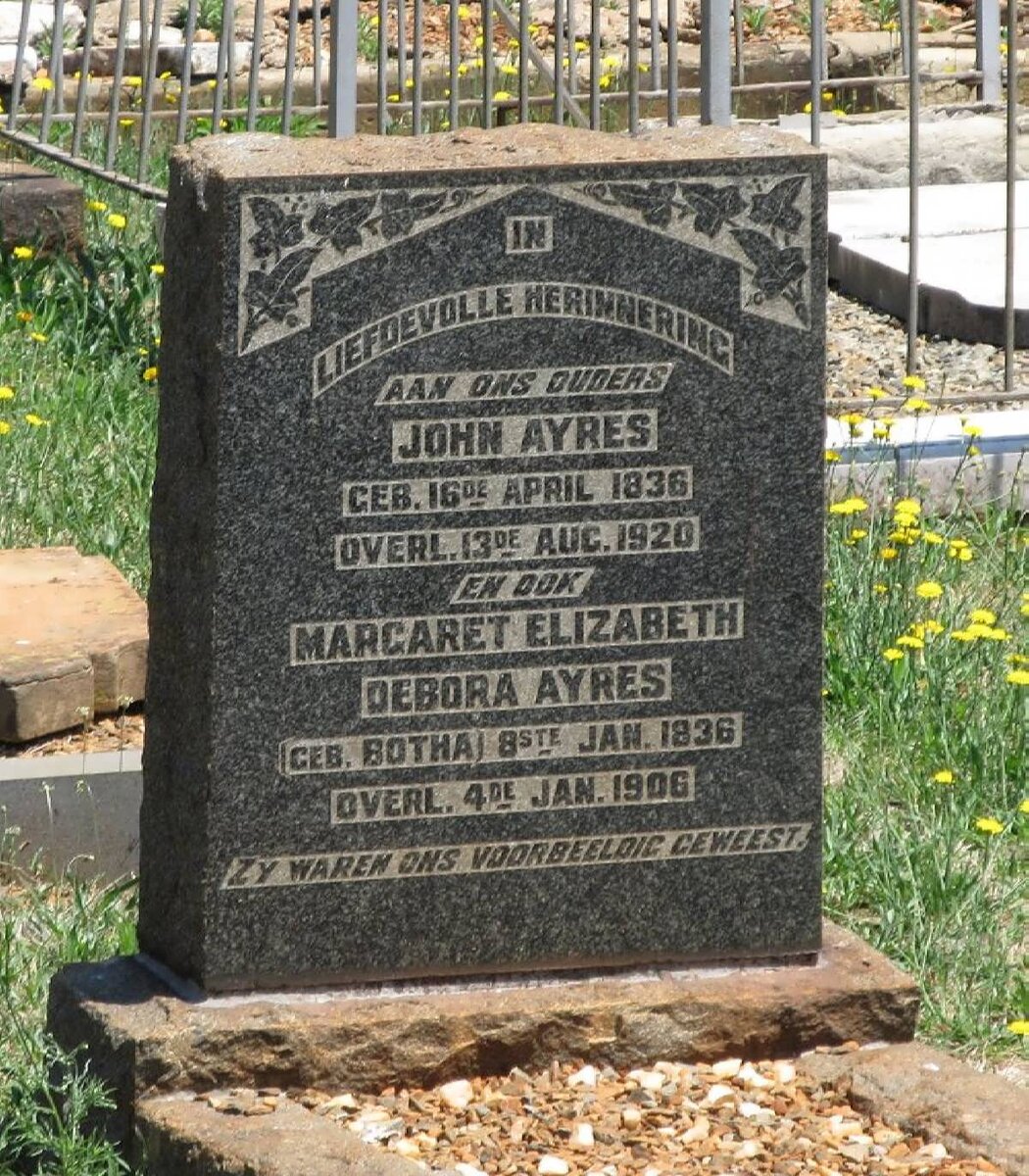 AYRES John 1836-1920 &amp; Margaret Elizabeth Debora BOTHA 1836-1906
