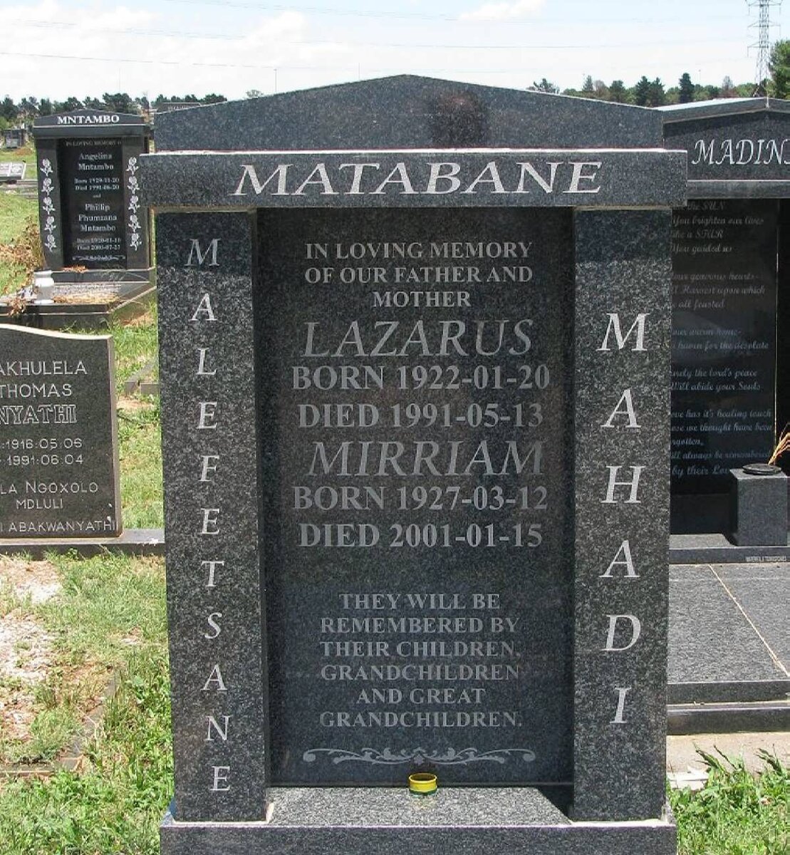 MATABANE Lazarus 1922-1991 &amp; Mirrian 1927-2001