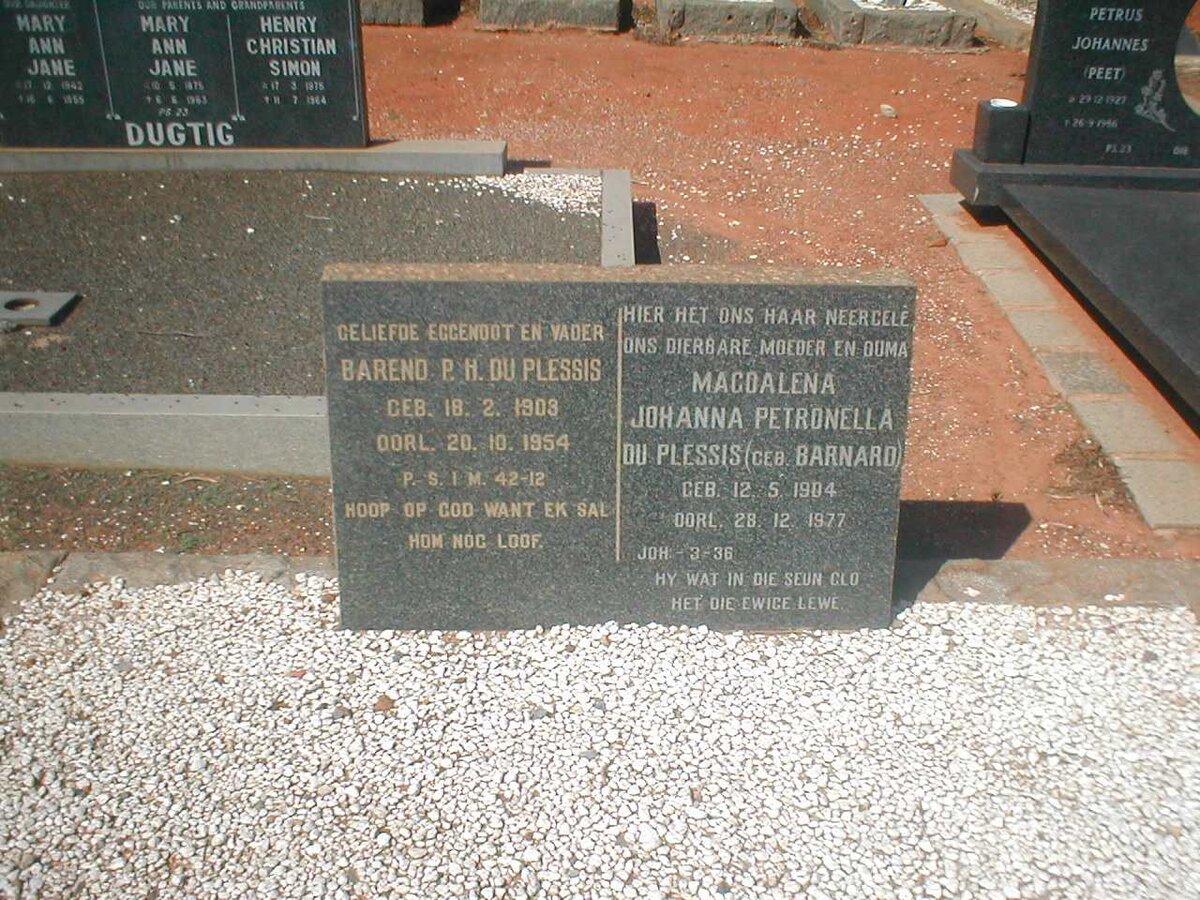 PLESSIS Barend P.H., du 1903-1954 &amp; Magdalena Johanna Petronella BARNARD 1904-1977