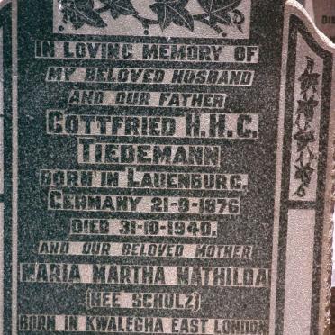 TIEDEMANN Gottfried H.H.C. 1876-1940 &amp; Maria Martha Mathilda SCHULZ 1883-1956