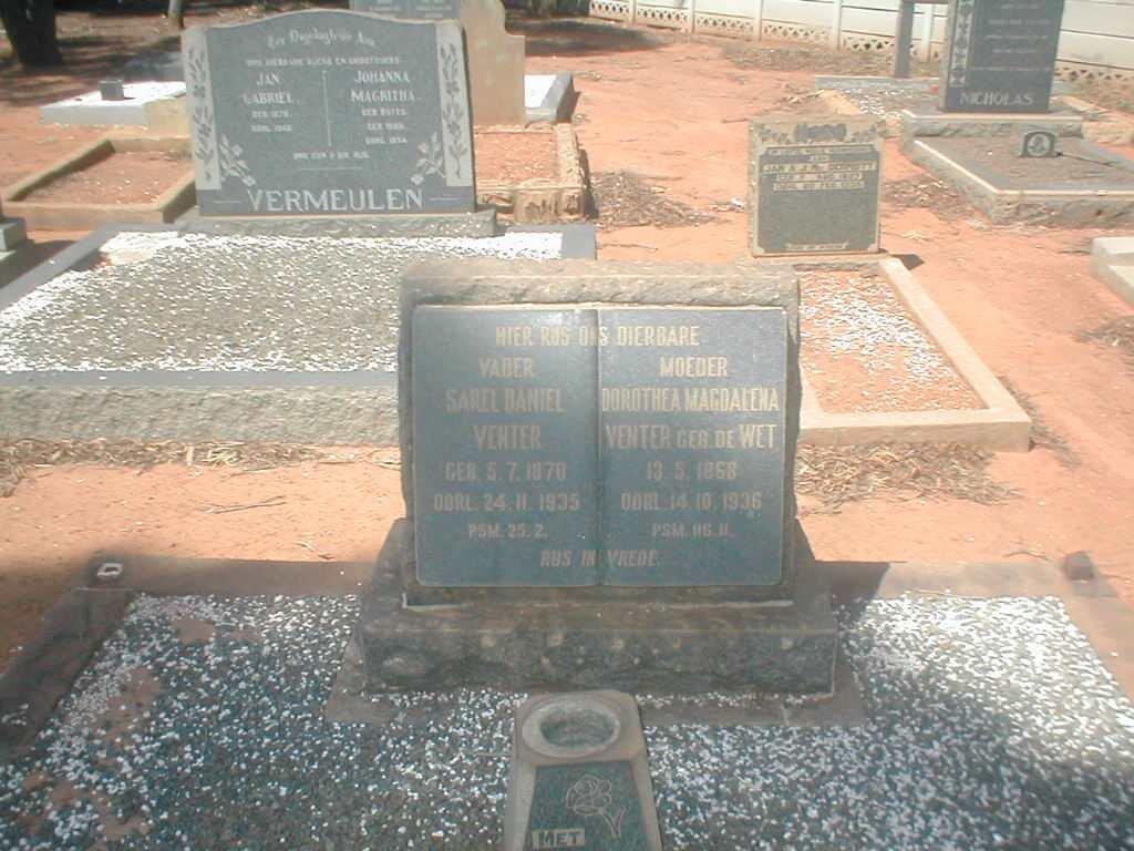 VENTER Sarel Daniel 1870-1935 &amp; Dorothea Magdalena DE WET 1858-1936
