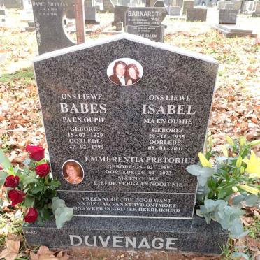 DUVENAGE Babes 1929-1999 &amp; Isabel 1935-2001 :: PRETORIUS Emmerentia 1959-2023