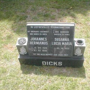 DICKS Johannes Hermanus 1928-1995 &amp; Susanna Lucia Maria 1933-