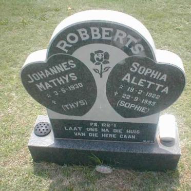 ROBBERTS Johannes Mathys 1930- &amp; Sophia Aletta 1922-1995