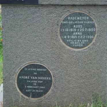RADEMEYER  Koos 1919-1990 &amp; Anna 1921-1990 :: VAN NIEKERK André 1937-1984