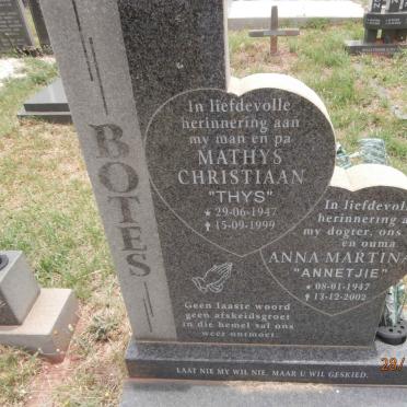 BOTES Mathys Christiaan 1947-1999 &amp; Anna Martina 1947-2002