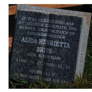 BRITS Alida Henrietta nee SCHOEMAN 1940-2009