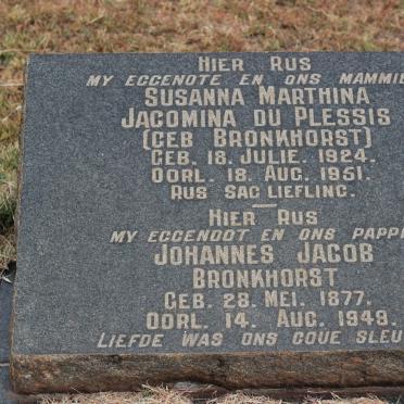 BRONKHORST Johannes Jacob 1877-1948 :: DU PLESSIS Susanna Marthina Jacomina nee BRONKHORST 1924-1951