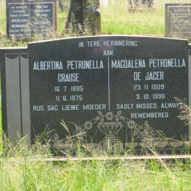 CRAUSE Albertina Petronella 1885-1975 :: DE JAGER Magdalena Petronella  1909-1996