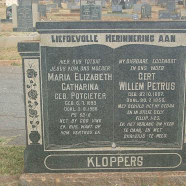 KLOPPERS Gert Willem Petrus 1887-1955 &amp; Maria Elizabeth Catharina POTGIETER 1893-1986