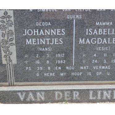 LINDE Johannes Meintjies, van der 1912-1982 &amp; Isabella Magdalena 1919-1996
