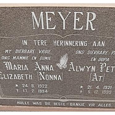 MEYER Alwyn Petrus 1921-1999 &amp; Maria Anna Elizabeth 1922-1994