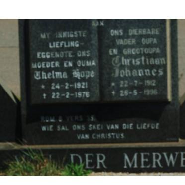 MERWE Christiaan Johannes, van der 1912-1996 &amp; Thelma Hope 1921-1976