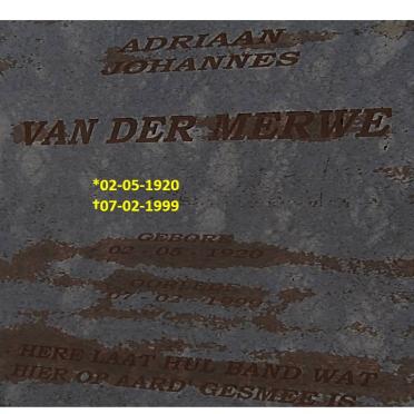 MERWE Adriaan Johannes, van der 1920-1999 & Johanna Magdalena SMIDT 1922-2010 _1