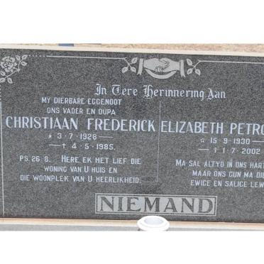 NIEMAND Christiaan Frederick 1928-1985 &amp; Elizabeth Petronella 1930-2002