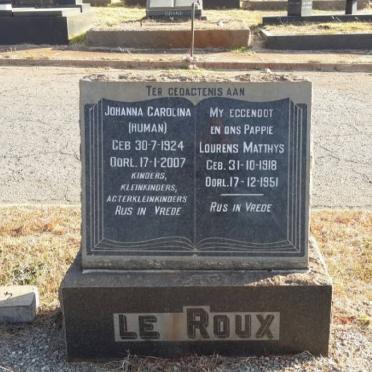 ROUX Lourens Matthys, le 1918-1951 &amp; Johanna Carolina HUMAN 1924-2007