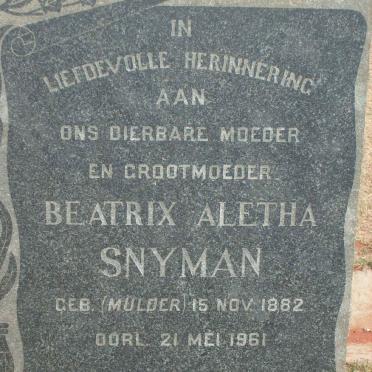 SNYMAN Beatrix Aletha nee MULDER 1882-1961