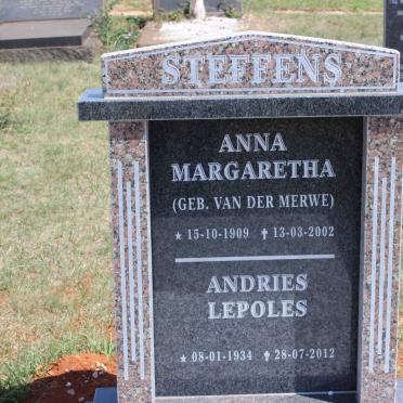 STEFFENS Anna Margaretha nee VAN DER MERWE  1909-2002 :: STEFFENS Andries Lepoles 1934-2012