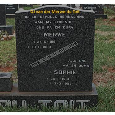 TOIT G.J. Van der Merwe, du 1916-1983 &amp; Sophie 1919-1993