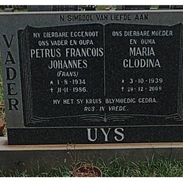 UYS Petrus Francois Johannes 1934-1986 &amp; Maria Glodina 1939-2009