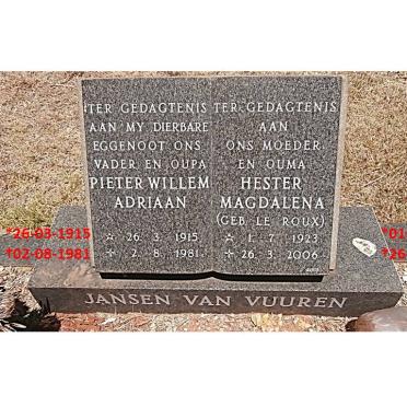 VUUREN Pieter Willem Adriaan, Jansen van 1915-1981 &amp; Hester Magdalena LE ROUX 1923-2006