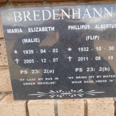 BREDENHANN Phillipus Albertus 1932-2011 &amp; Maria Elizabeth 1939-2005