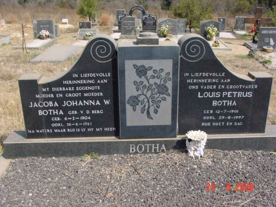 BOTHA Louis Petrus 1901-1997 & Jacoba Johanna W. VAN DEN BERG 1904-1982