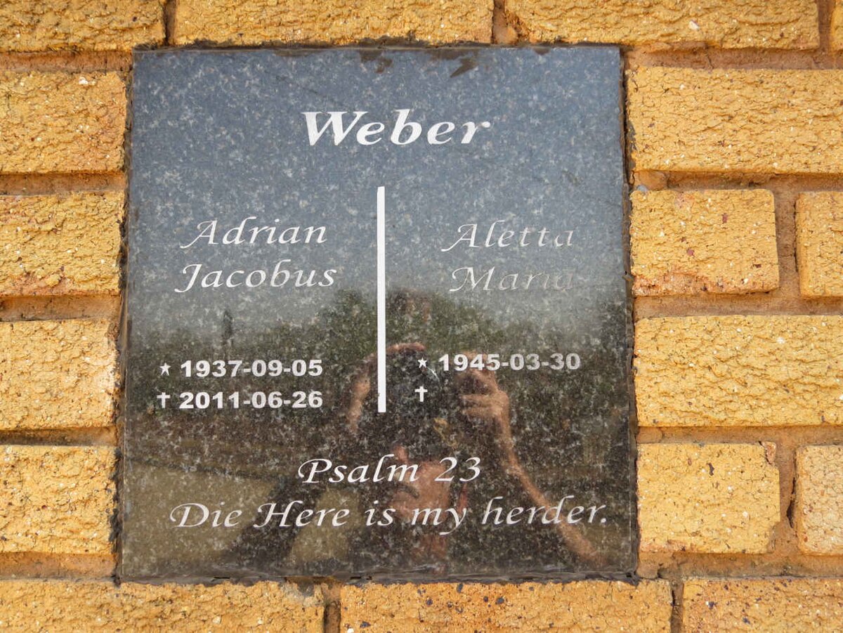 WEBER Adrian Jacobus 1937-2011 &amp; Aletta Maria 1945-