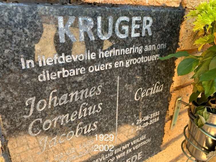 KRUGER Johannes Cornelius Jacobus 1929-2002 &amp; Cecilia 1931-2014